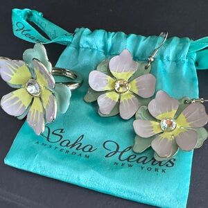 Enamel Green & Purple Flower Earring & Adjustable Ring Set